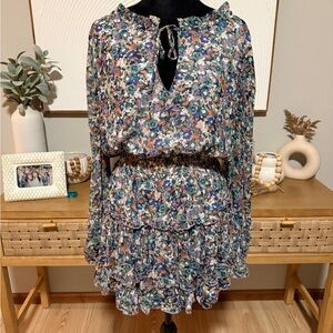 Anthropologie LaBiz Floral Ruffle Mini Dress with Long Sleeves Size M